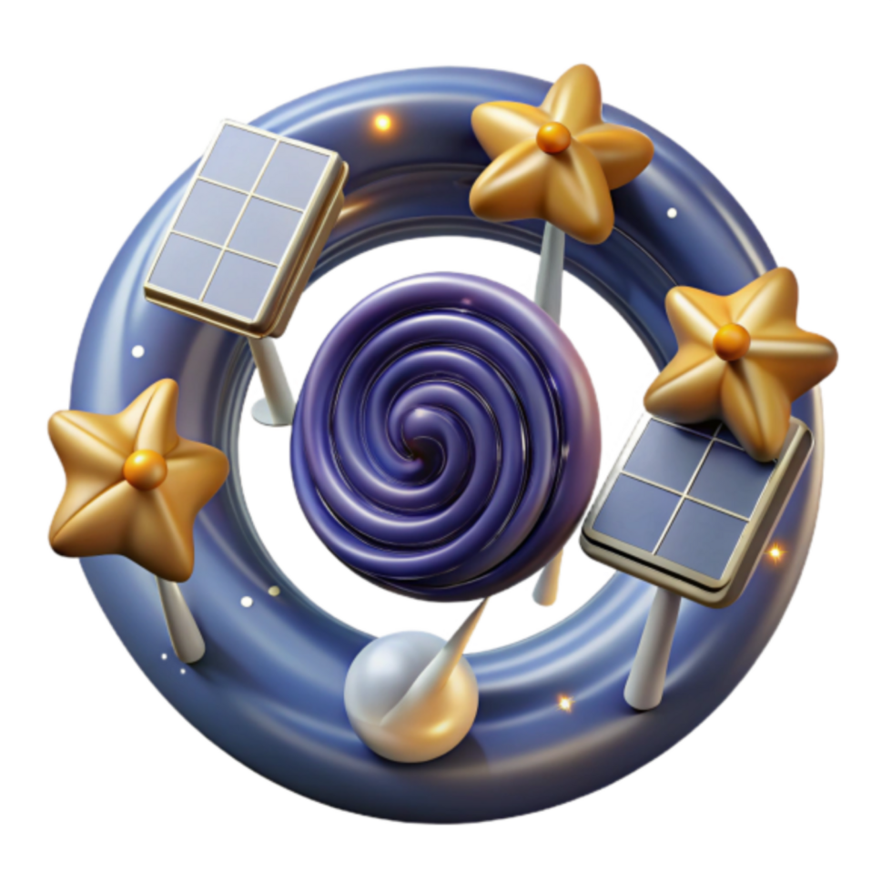 3D Render Whimsical Candy Lollipop Solar Panel Stars Abstract Background png