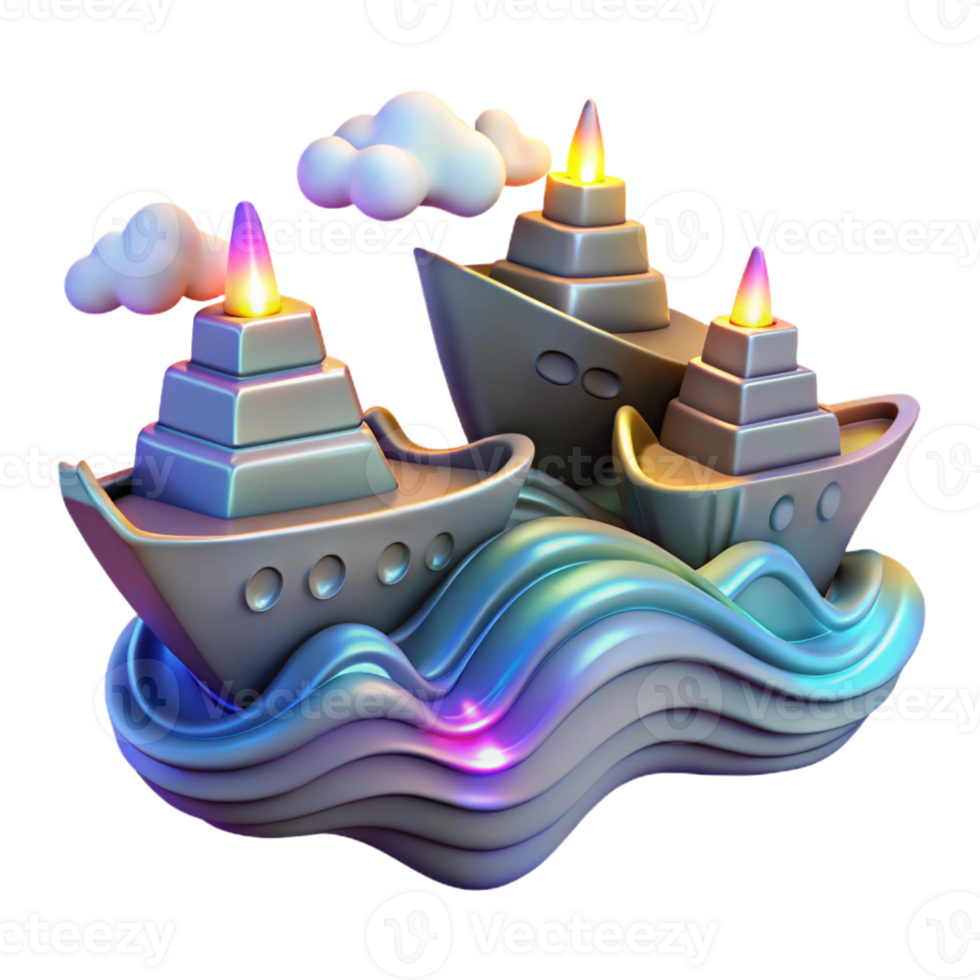 Ships on Iridescent Waves A vibrant 3D render of ships sailing on iridescent waves, capturing the essence of adventure and fantasy. png