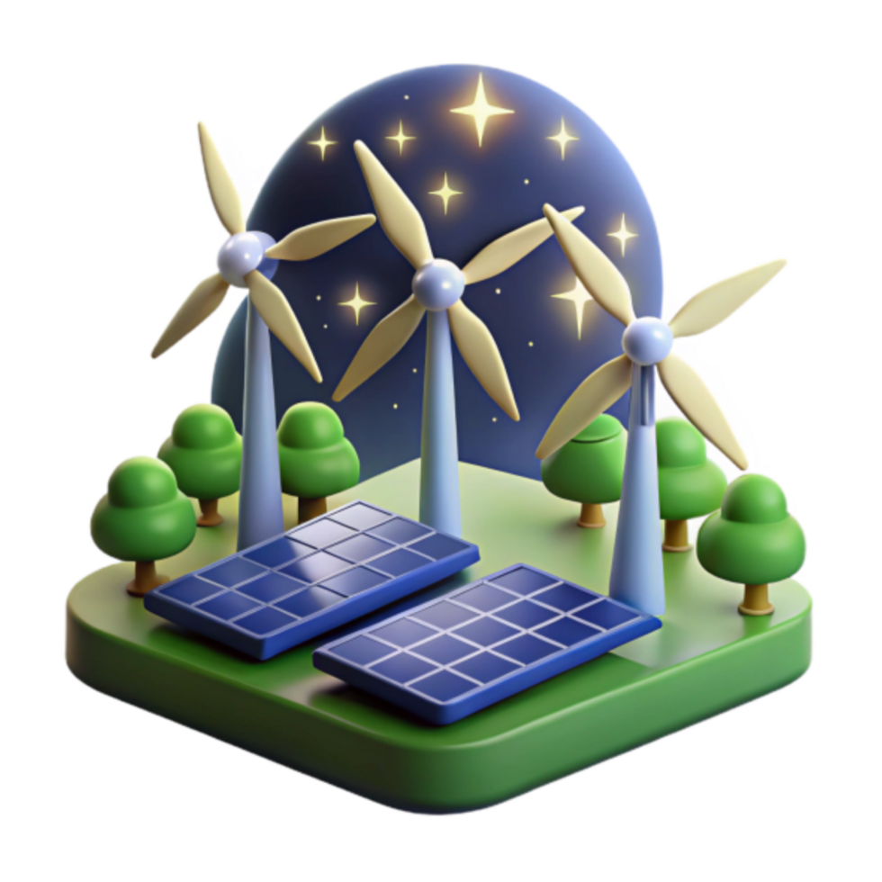 Night Scene 3D Render of Wind Turbines and Solar Panels png