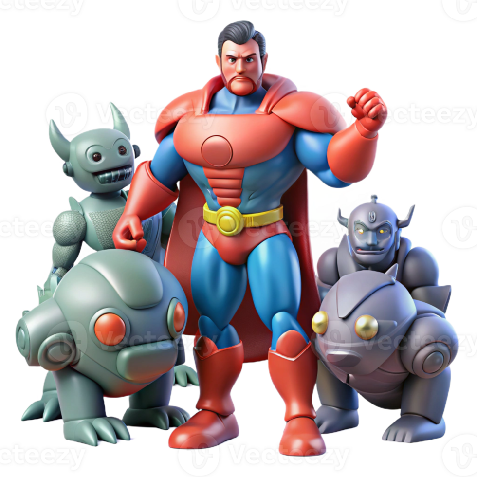 Superhero Robots 3D Render A dynamic 3D render of a superhero and robots, capturing the essence of intense action and futuristic technology. png