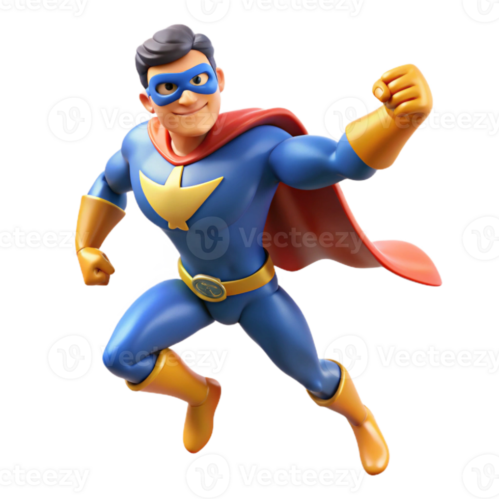 Superhero 3D Cartoon Render A dynamic depiction of a superhero brought to life in a vibrant three-dimensional cartoon render. png