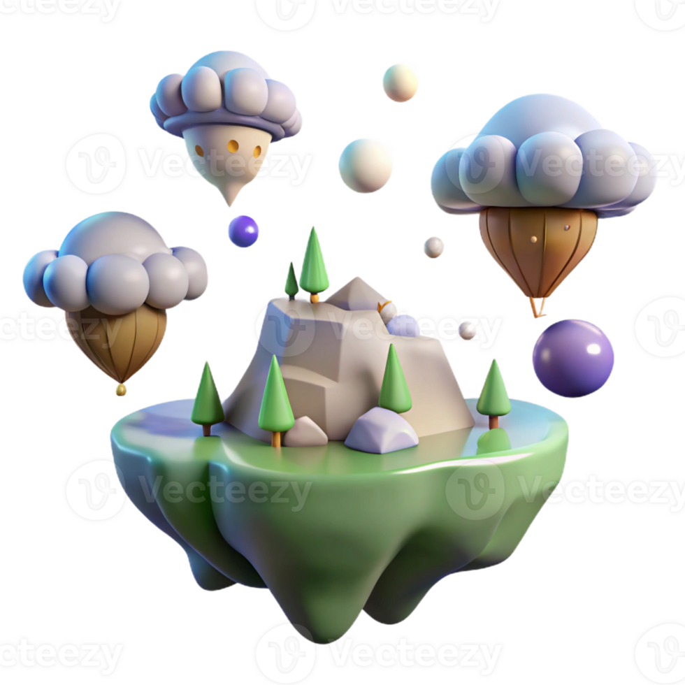 Floating Island 3D Cloudscape A magical scene of an island navigating the digital skies, brought to life in a stunning three-dimensional render. png