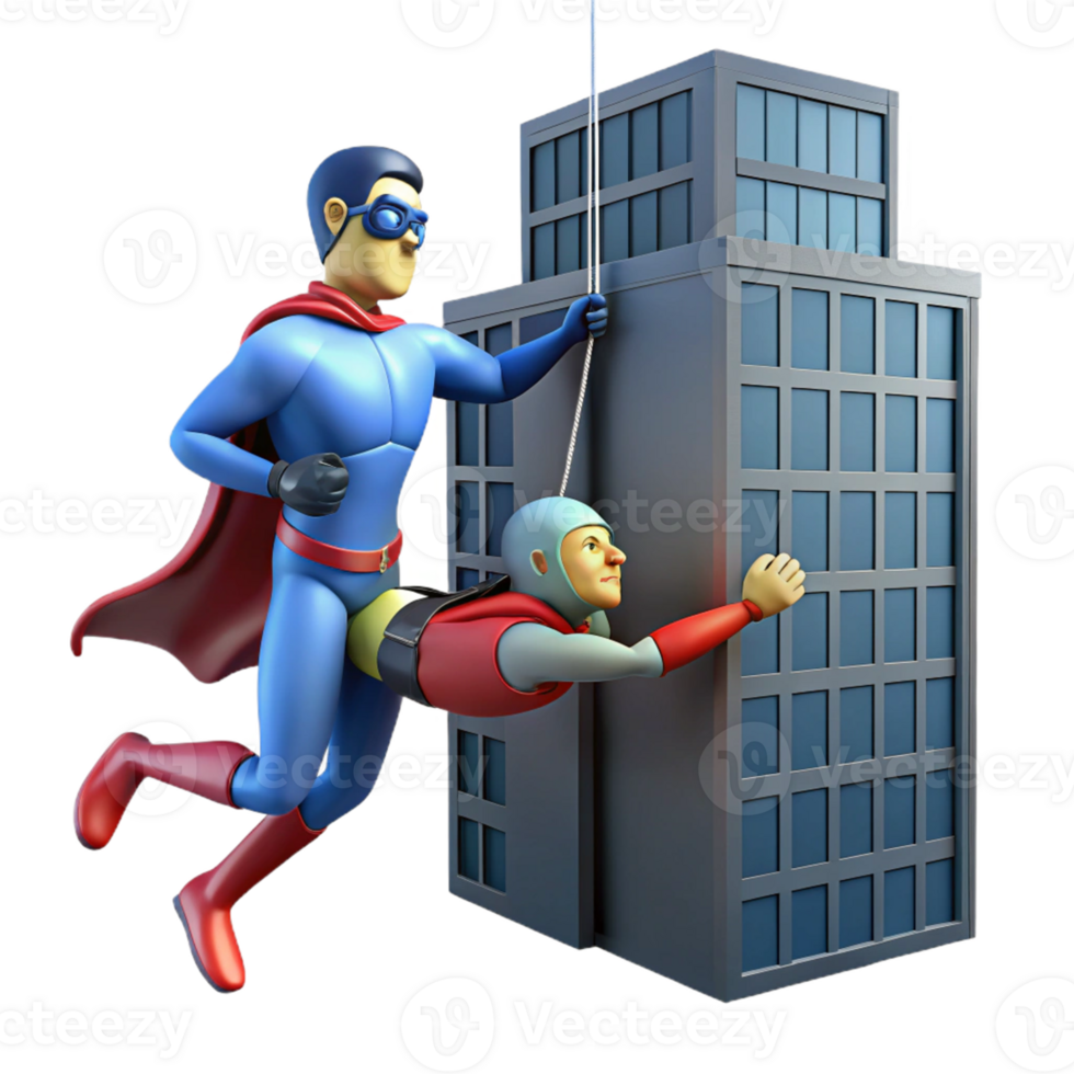 Superhero Rescues from Building in a Dynamic Three Dimensional Scene of Adventure png