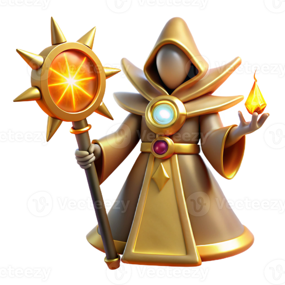 Golden Wizard with Fire Magic A majestic 3D render of a golden wizard with fire magic, capturing their regal presence and intense power. png