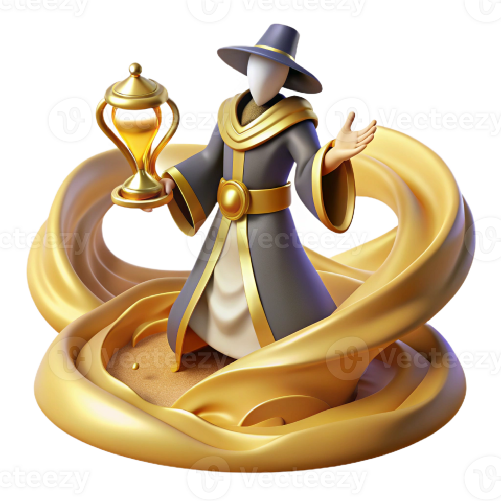 Wizard, Golden Sands, Hourglass A magical scene of a wizard navigating a world of golden sands and hourglasses, capturing the essence of enchantment in a digital world. png
