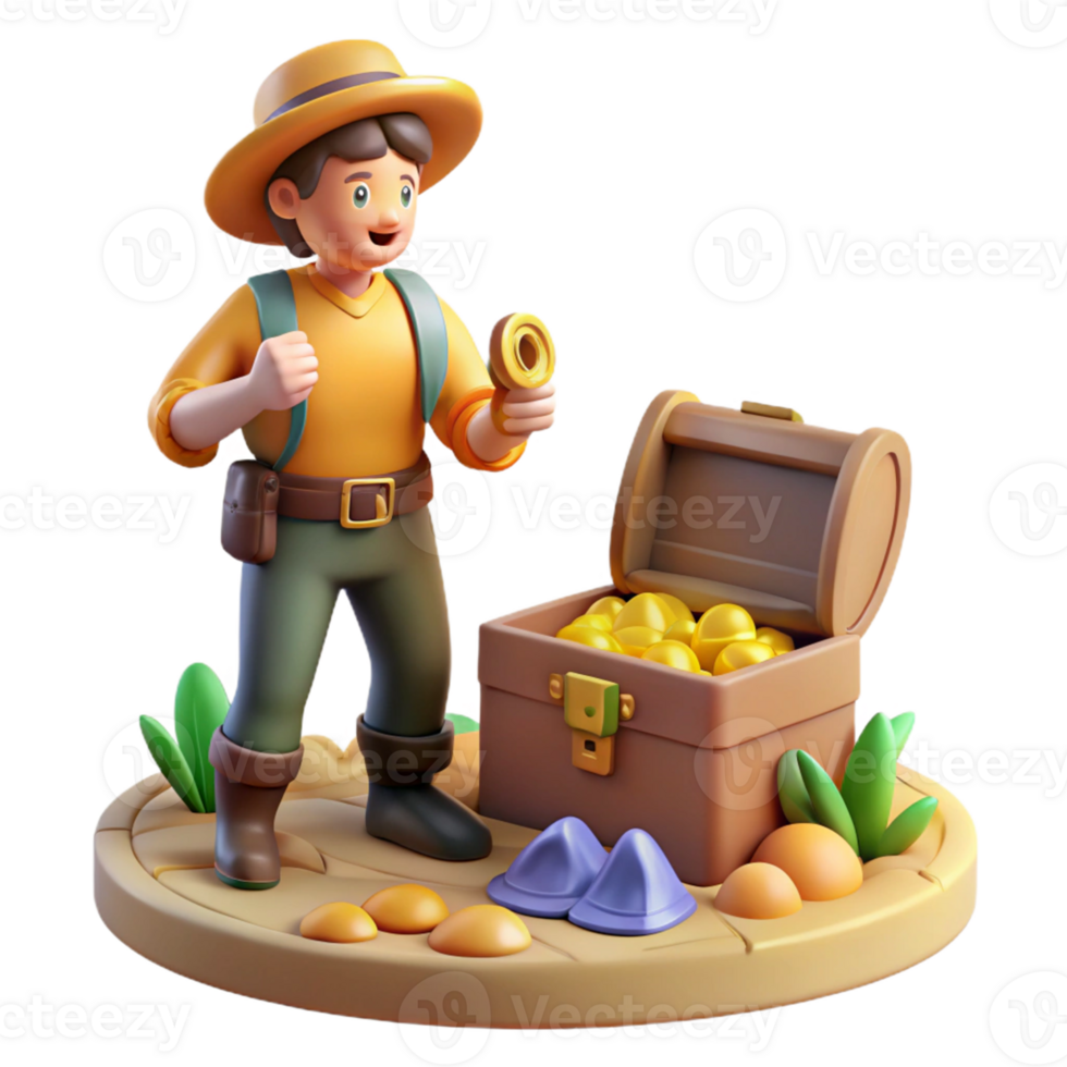 Explorer Finds Treasure Chest A dynamic scene of an explorer discovering a treasure chest, capturing the essence of adventure in a digital world. png