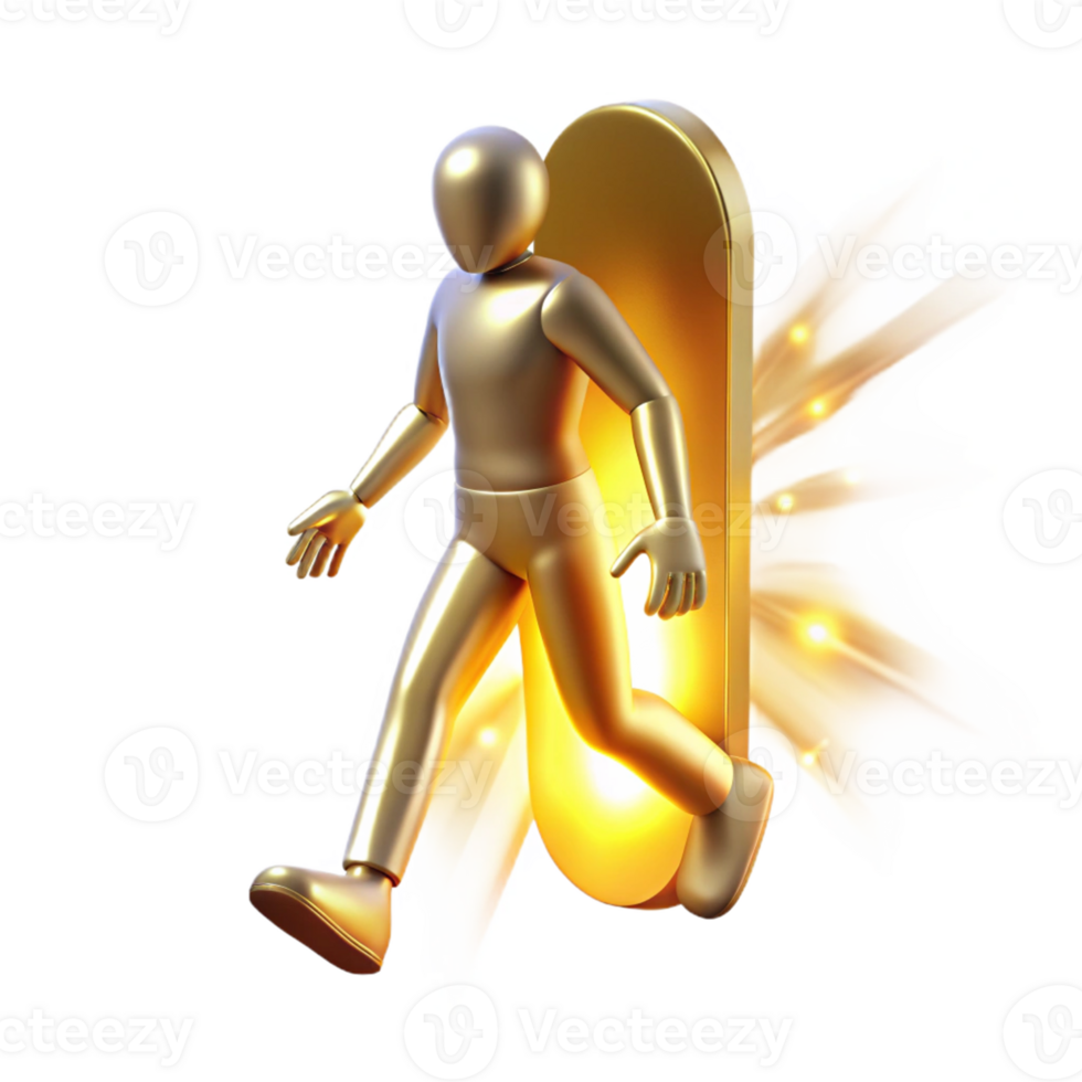 Golden Figure Entering Portal A dynamic depiction of a figure navigating a world of portals, its surface glowing with golden hues in a digital world. png