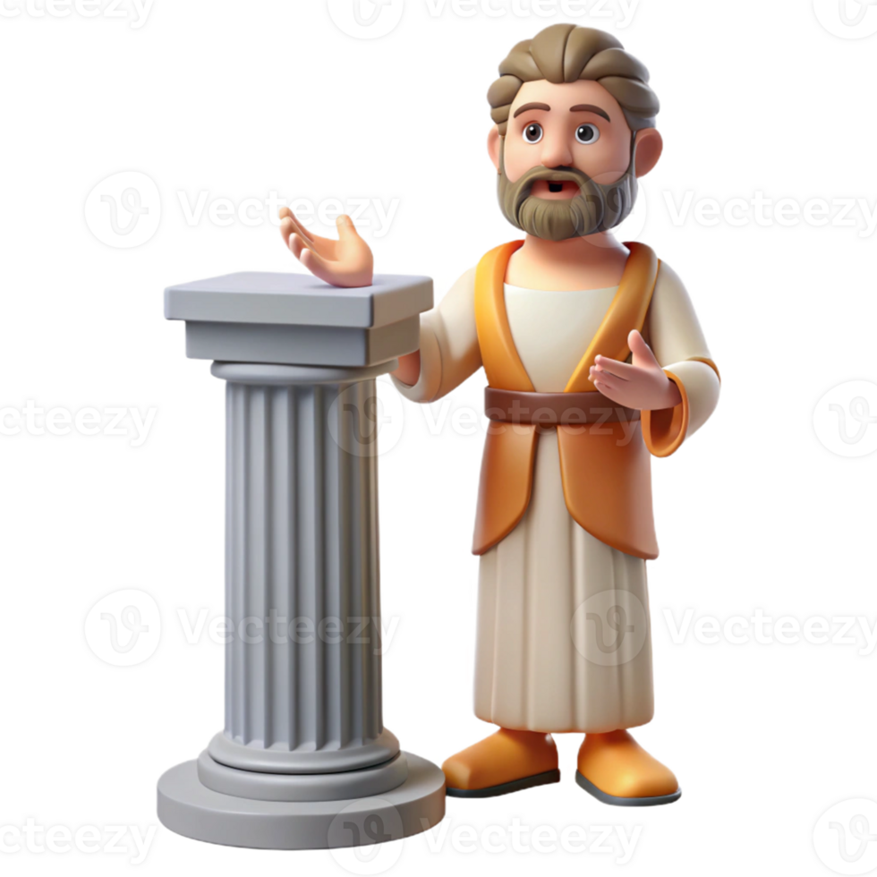 Three Dimensional Cartoon Sage at a Column in a Whimsical Scene of Wisdom png
