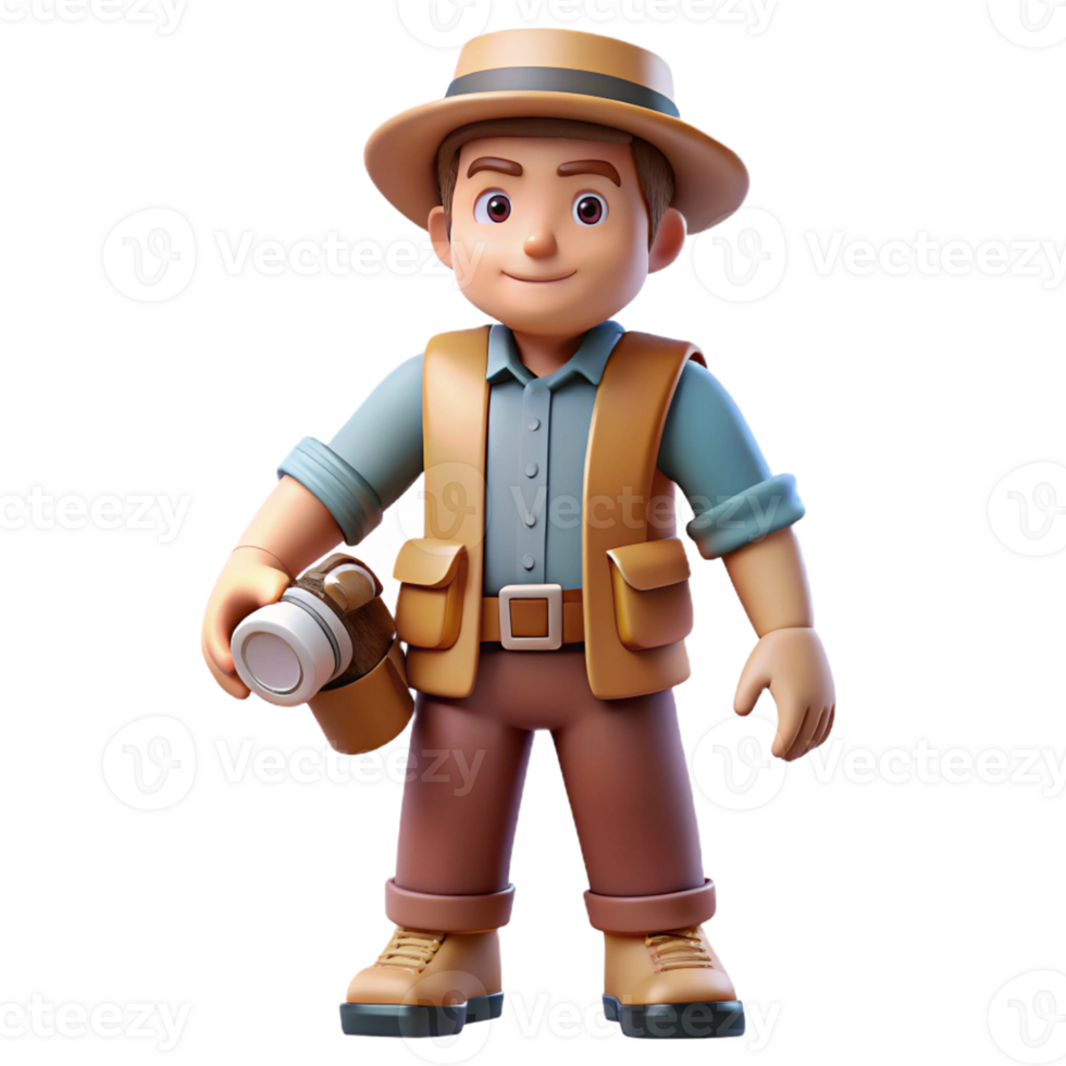 Three Dimensional Cartoon Explorer with Bottle in a Playful Scene with Dynamic Action png