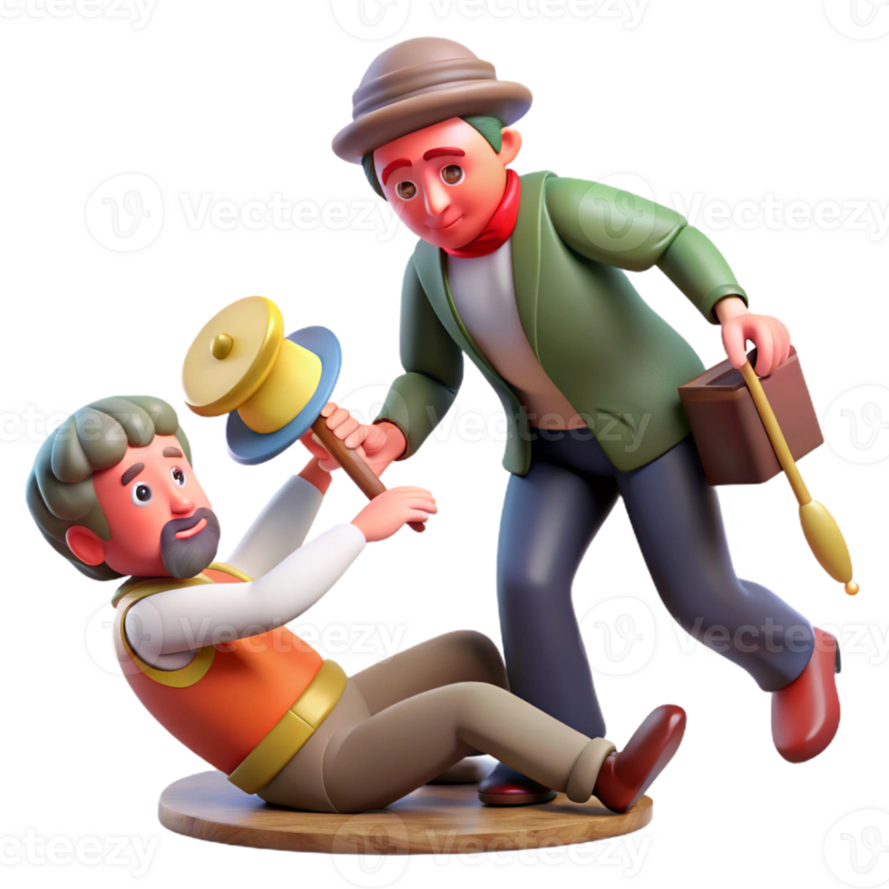 3D Cartoon Men Playful Scene A whimsical scene featuring cartoon characters in a playful setting, brought to life in a vibrant three-dimensional render. png