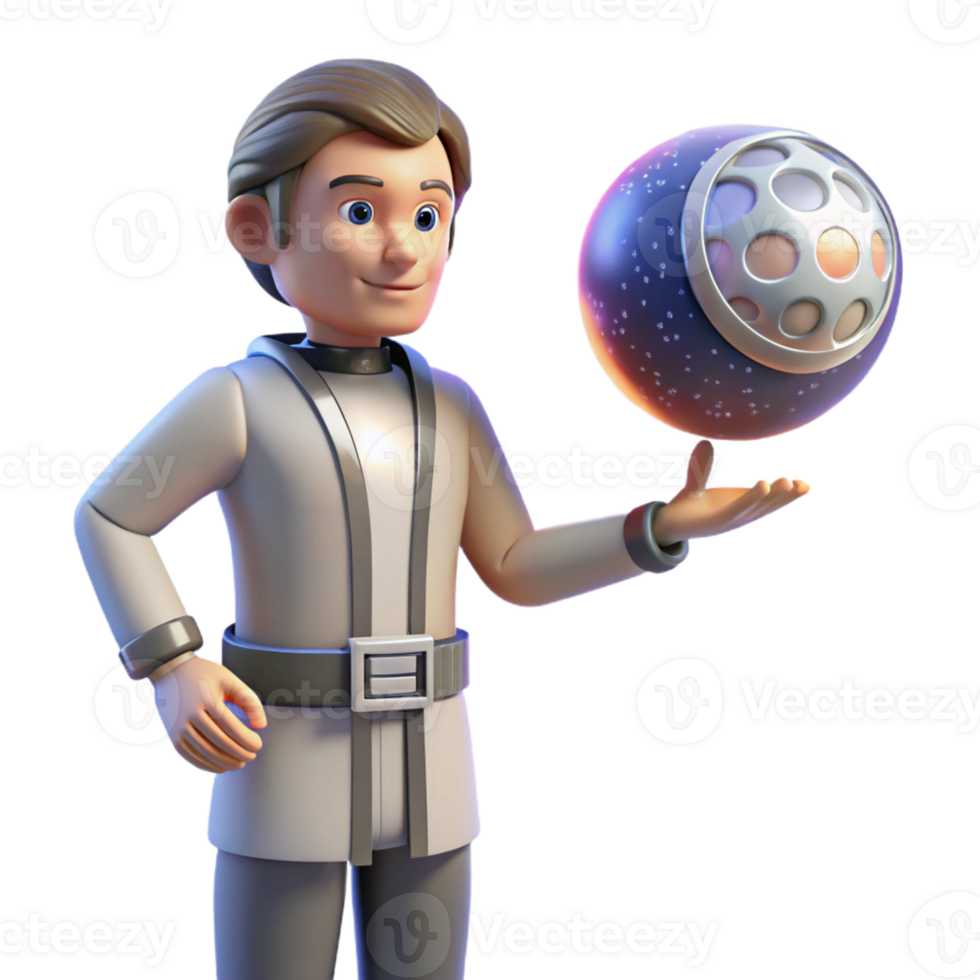 3D Animated Scientist Orb A dynamic depiction of a scientist navigating a world with an orb, captured in a stunning three-dimensional animation. png
