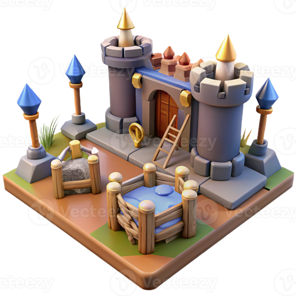 Fantasy Castle Three Dimensional Model with Detailed Architecture and Majestic Towers png
