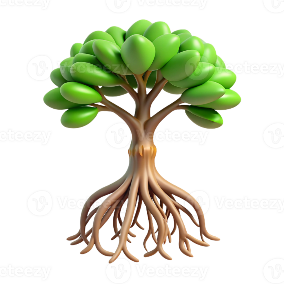 Cartoon Tree with Roots in a Whimsical Three Dimensional Scene of Nature png