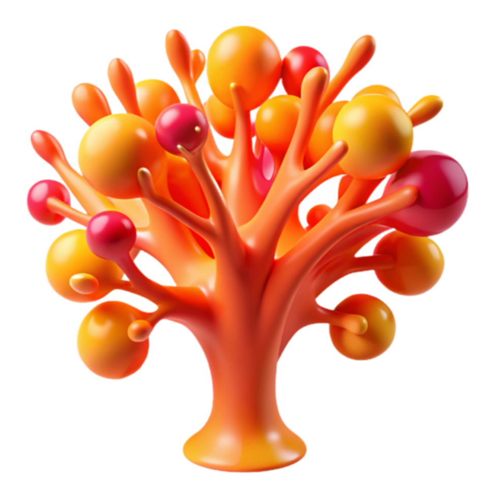 abstrato 3d render do uma colorida árvore com laranja e vermelho esferas png