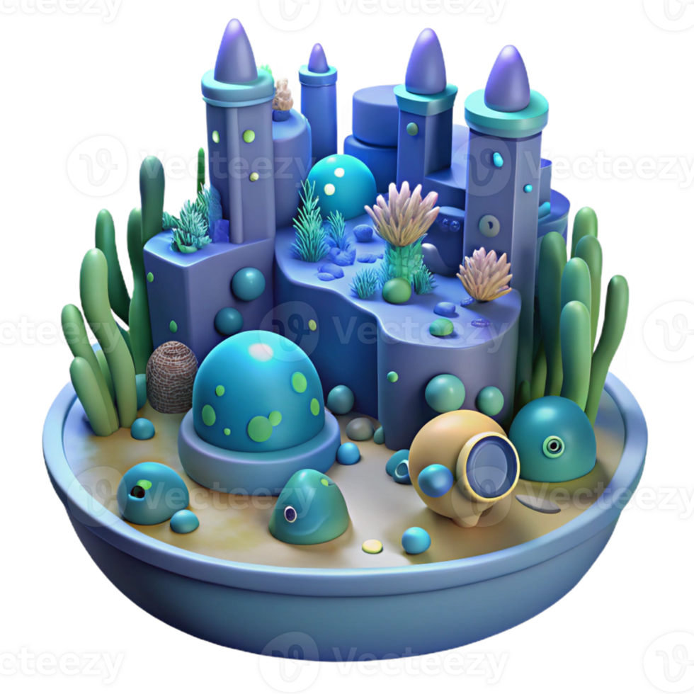 Undersea Kingdom 3D Render A magical scene of a kingdom navigating the undersea world, brought to life in a stunning three-dimensional render. png