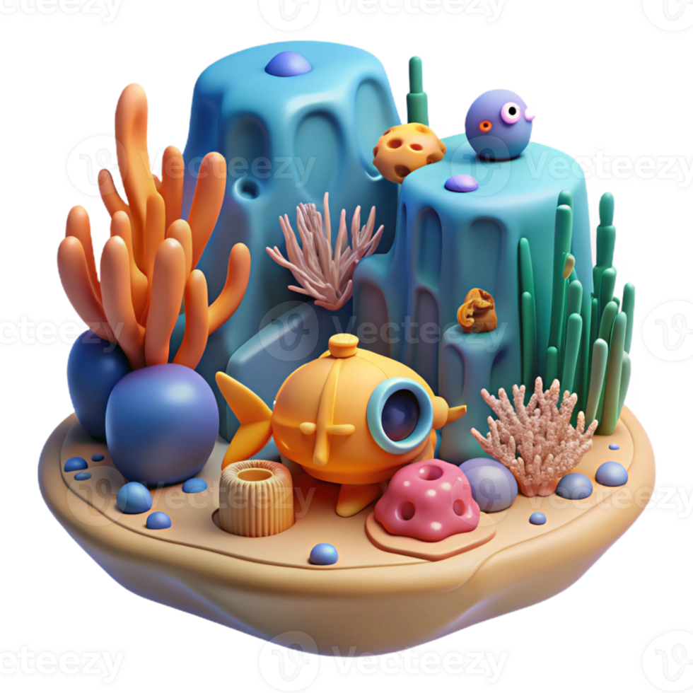 Cute Submarine in Ocean Scene - A playful depiction of a cute submarine navigating through an ocean scene surrounded by colorful marine life png