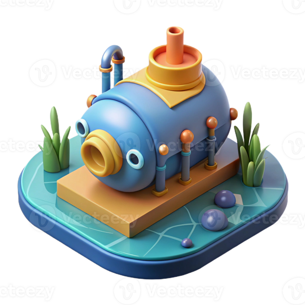 Cute Cartoon Submarine Illustration in a Whimsical Three Dimensional Scene of Adventure png