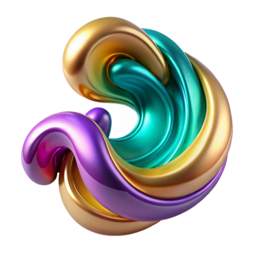 Abstract 3D Render of Intertwined Metallic Swirls in Gold, Teal, and Purple png