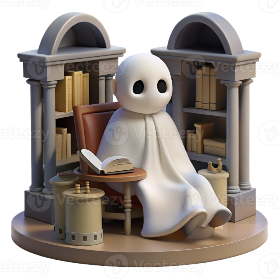 Ghost Reads in Library A whimsical 3D render of a ghost reading in a library, blending the supernatural with a love for books. png