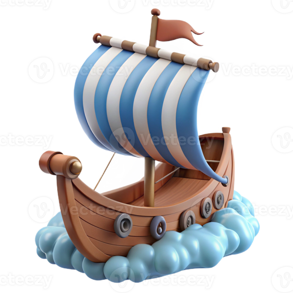 Cartoon Wooden Sailboat on Clouds A playful depiction of a sailboat navigating the clouds, brought to life in a whimsical cartoon style. png