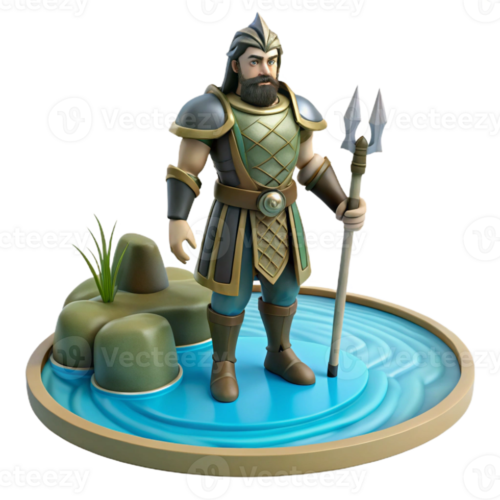 Fantasy Warrior by Water A 3D render of a fantasy warrior standing by a body of water, set in a mystical and serene environment. png