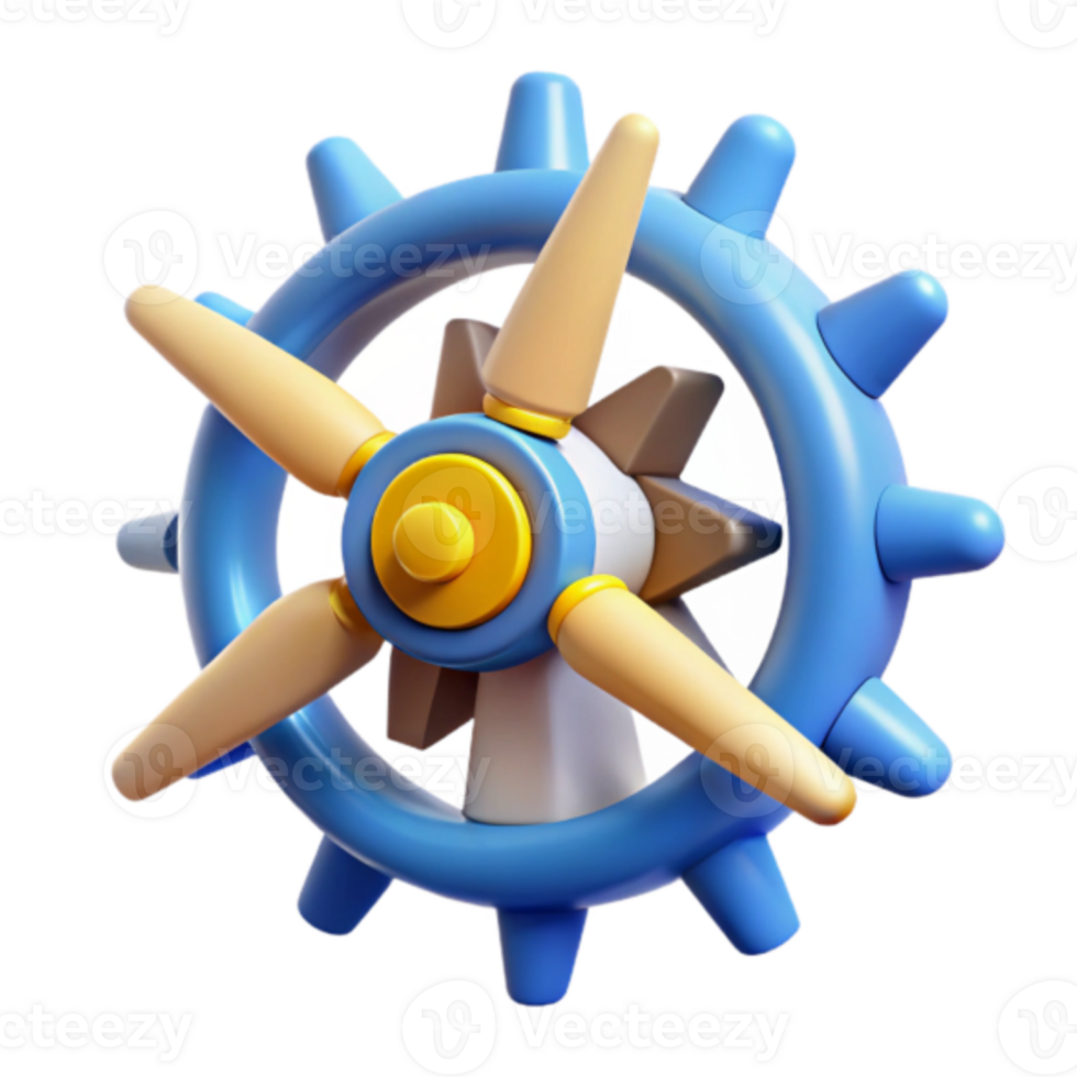 3D Cartoon Turbine Render, Blue and Yellow Gear Propeller Illustration png