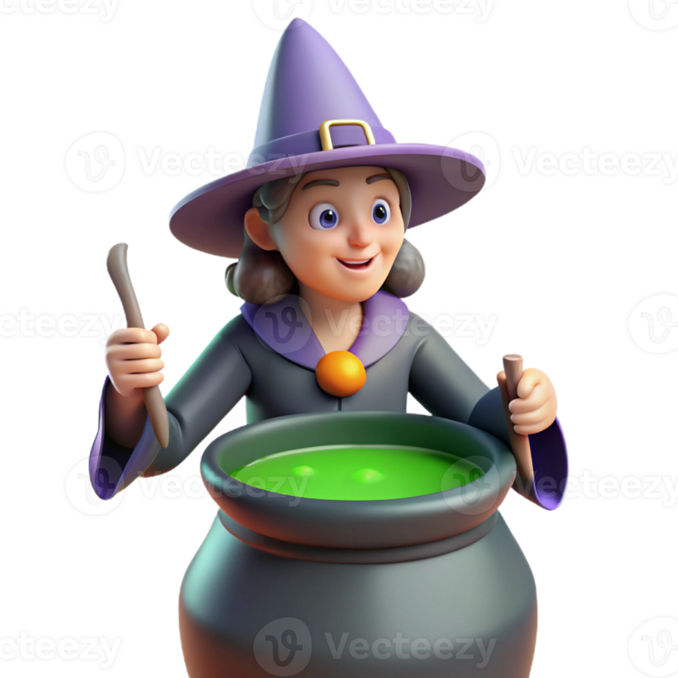 Cute Witch Brewing Potion in a Whimsical Three Dimensional Scene of Enchantment png