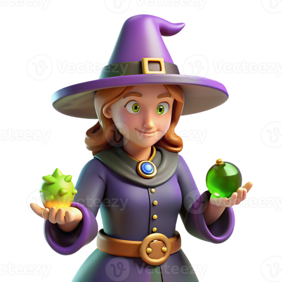 Cute Witch with Potions A magical scene of a witch navigating a world of potions, capturing the essence of enchantment in a digital world. png