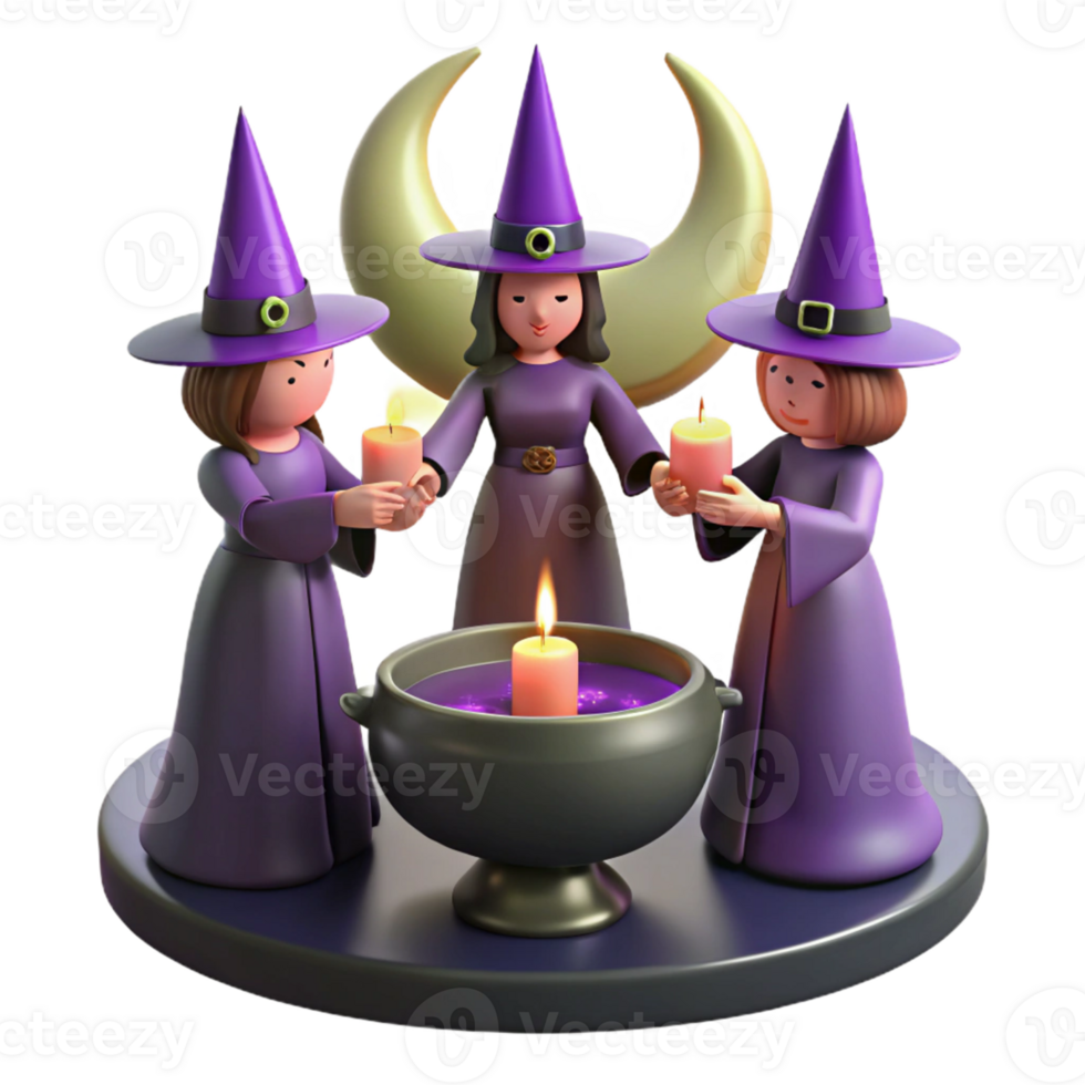 Three Witches, Cauldron, Moon in a Whimsical Three Dimensional Scene of Enchantment png