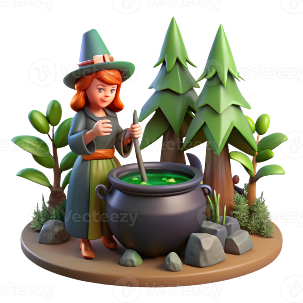 Witch Brewing Potion in Forest - A mystical depiction of a witch brewing a potion in a forest capturing her enchanting presence and magical abilities png