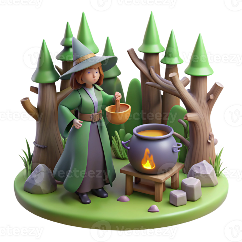 Witch Brewing a Potion in a Forest in a Magical Three Dimensional Scene of Enchantment png