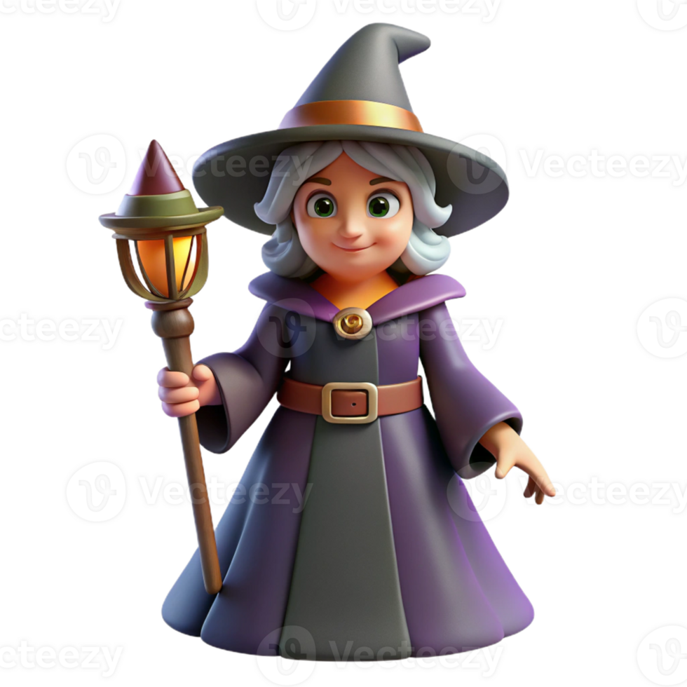 Cute Witch with a Lantern in a Whimsical Three Dimensional Scene png