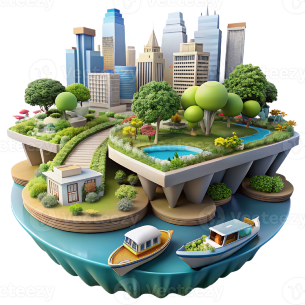3D Cityscape Island Urban Oasis with Lush Greenery, Boats, and Modern Architecture Illustration png