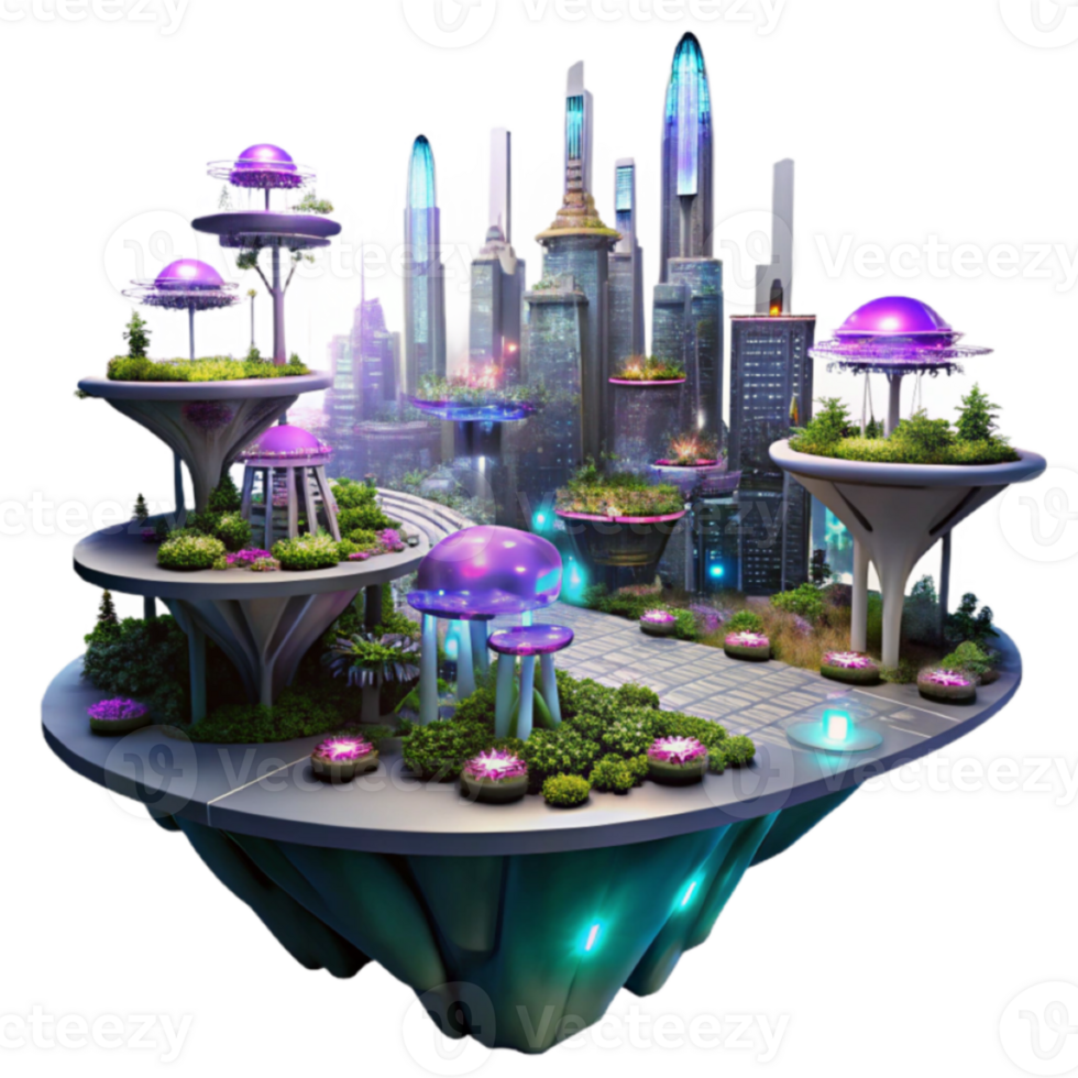 Futuristic Eco City Island 3D Illustration A Vibrant, Sustainable Metropolis Floating on Water png