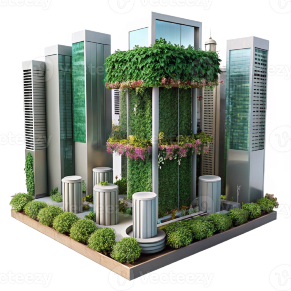Eco-Friendly Cityscape 3D Illustration Lush Greenery Modern Building Design png