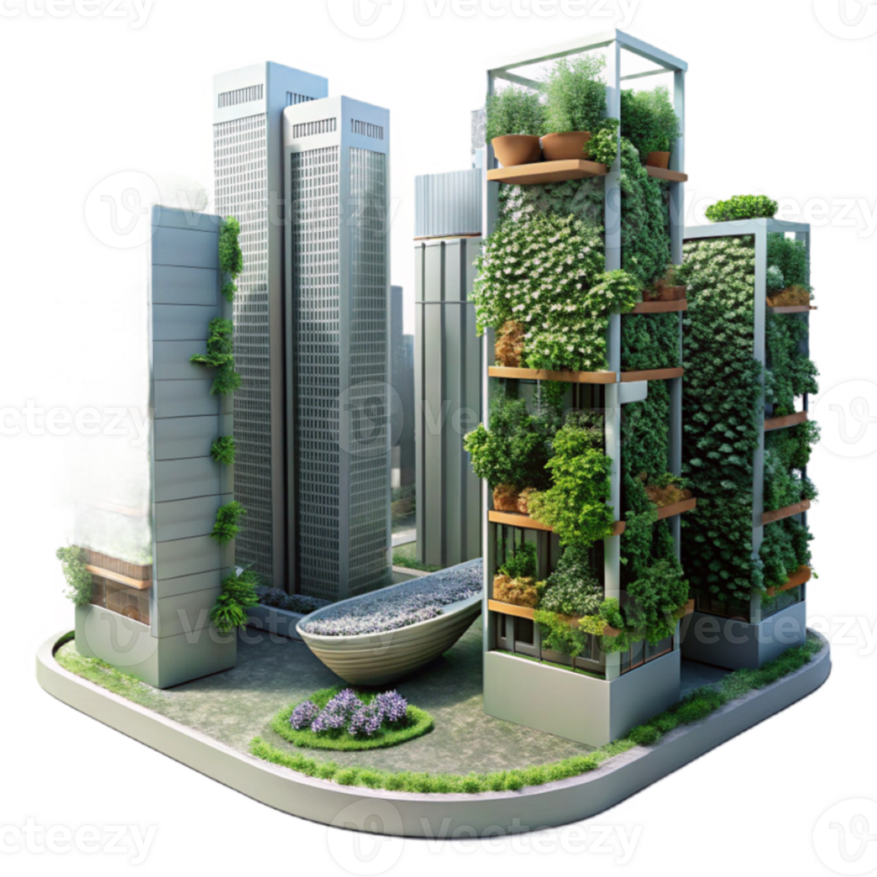 Eco-Friendly Cityscape 3D Illustration Vertical Gardens and Modern Architecture png