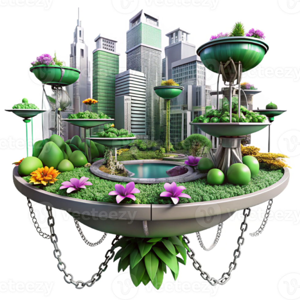Floating City Garden 3D Illustration Urban Oasis Concept Art png