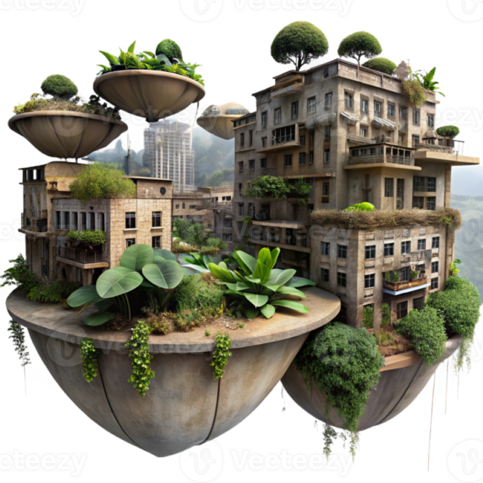 Surreal 3D Illustration of a Floating City Garden Overgrown Buildings and Lush Greenery png