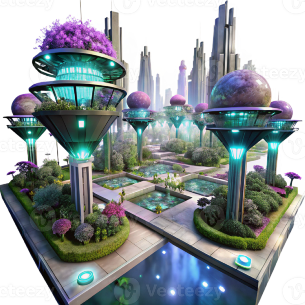 Futuristic City Garden A 3D Illustration of Elevated Gardens and Modern Architecture png