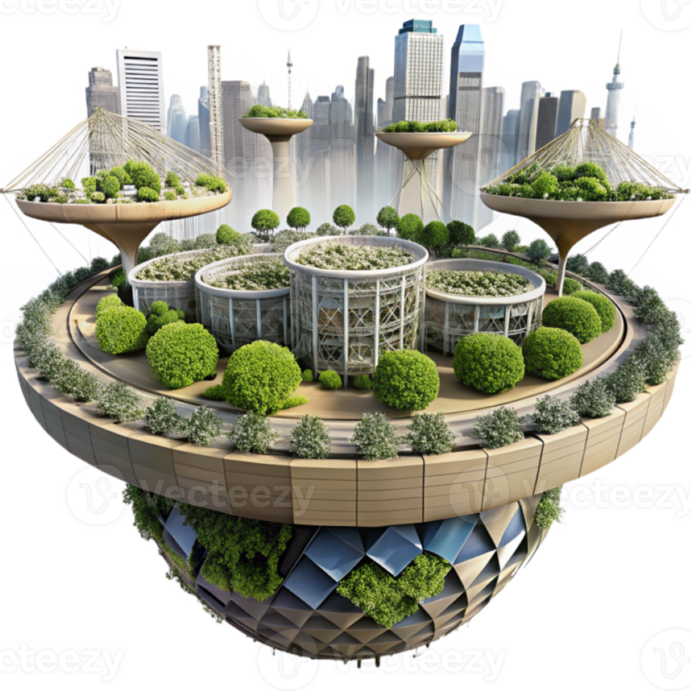 Futuristic Eco-City 3D Illustration Lush Greenery Sustainable Architecture png
