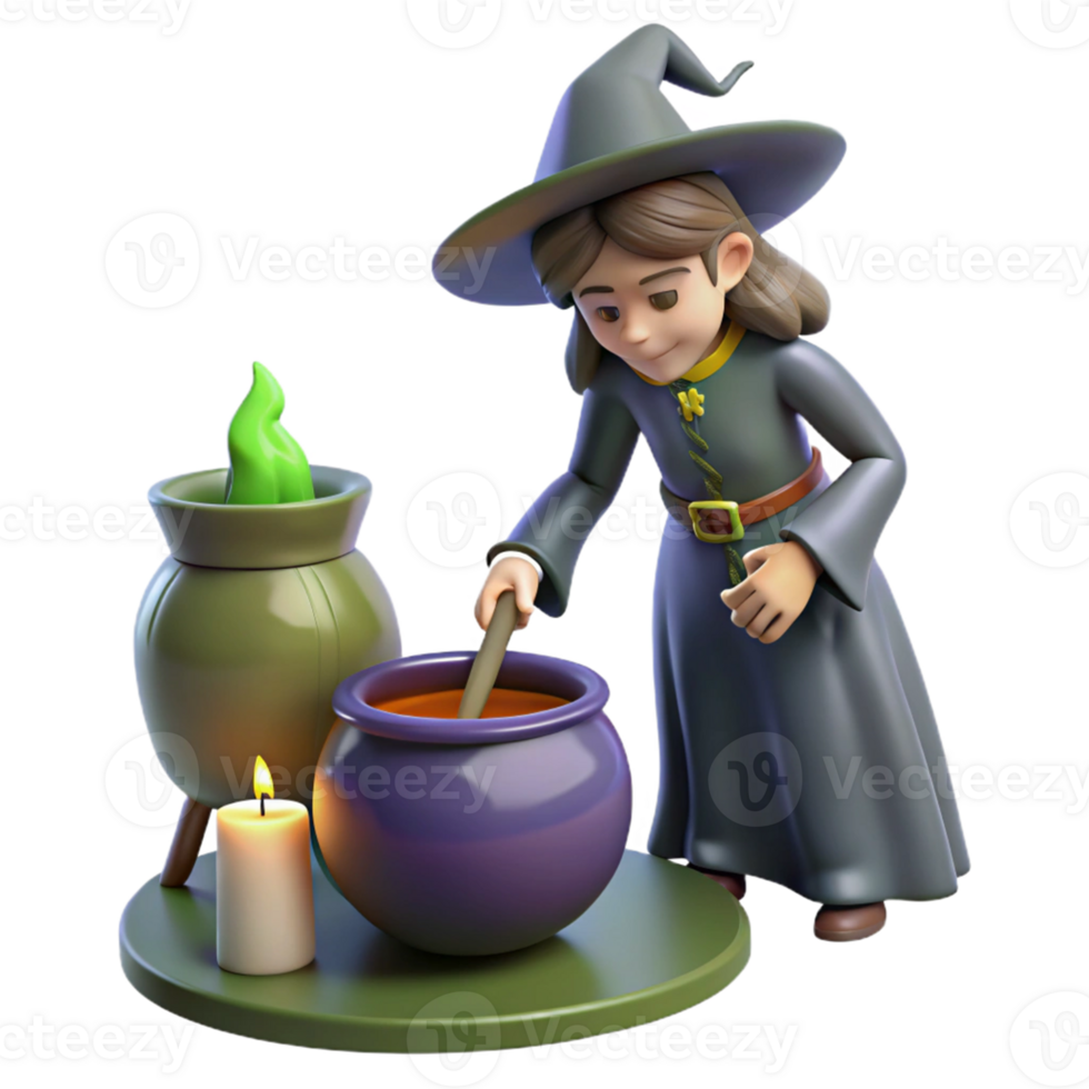 Witch Brewing Potion 3D Render A magical scene of a witch brewing a potion, captured in a stunning three-dimensional render. png