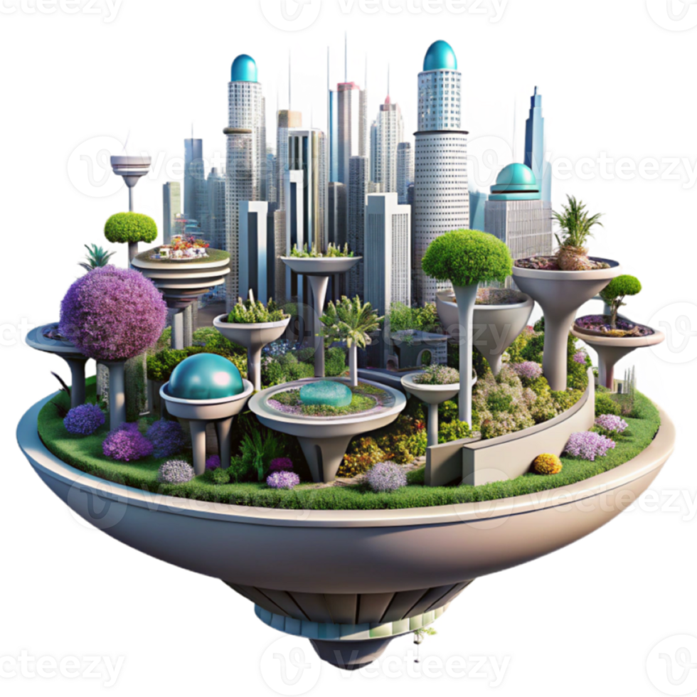 Futuristic Eco-City Island 3D Illustration A Vibrant Metropolis Integrated with Lush Gardens png