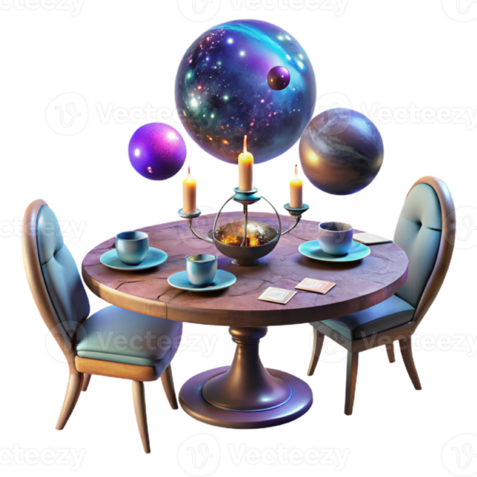 Cosmic Dinner Table 3D Render A Surreal Scene of Celestial Spheres, Candles, and Tea png