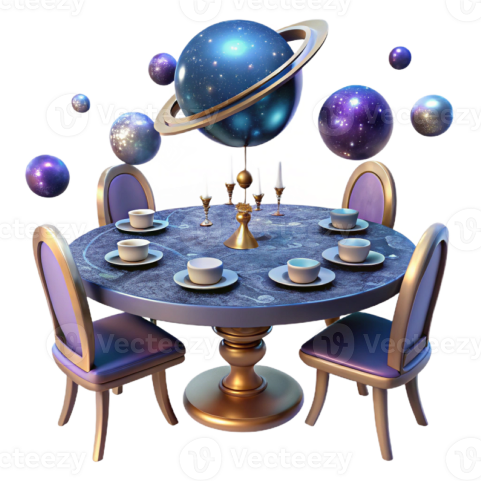 Cosmic Dinner Party 3D Render Celestial Table Setting with Planets and Stars png