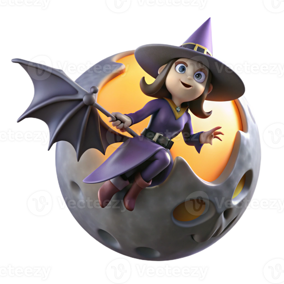 Cute Witch on Moon, Halloween 3D Render A whimsical scene of a cute witch perched on the moon, casting spells in a Halloween setting. png