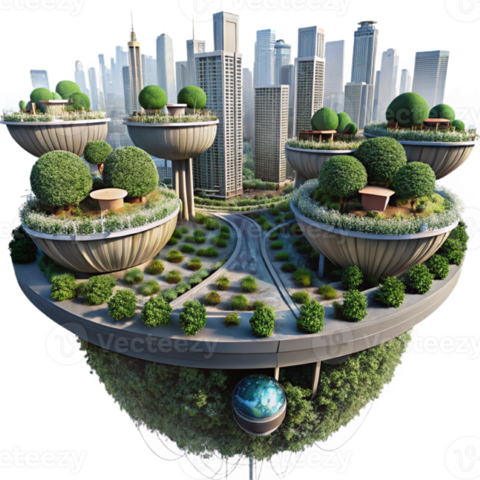Futuristic Eco-City 3D Illustration Elevated Gardens and Urban Skyline png