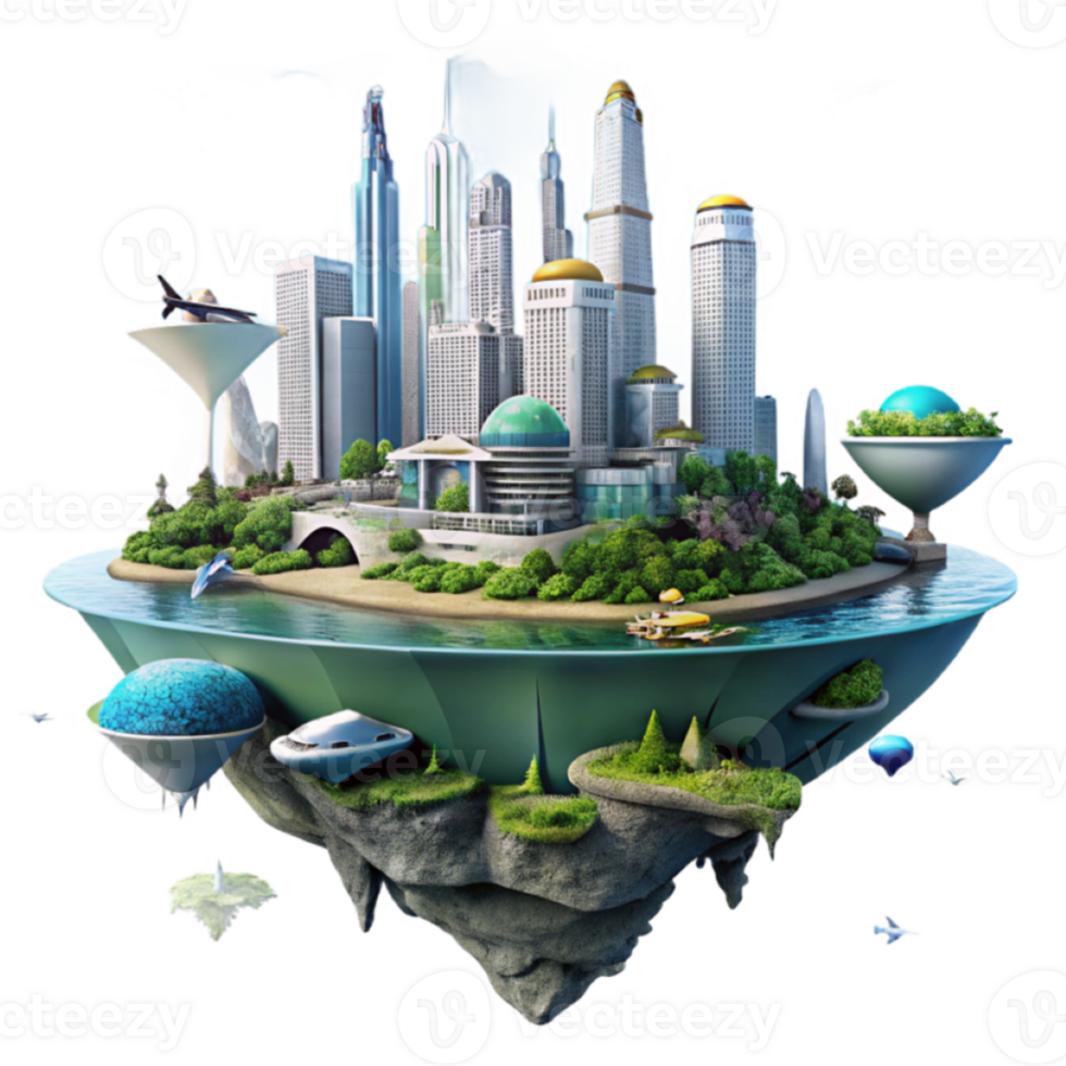 Futuristic City Island 3D Illustration A Vibrant Metropolis on a Floating Oasis png
