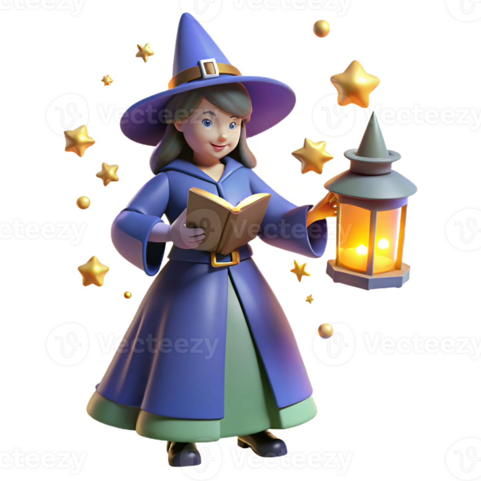Cute Witch with Book and Lantern An adorable witch holding a book and lantern, navigating a digital world with charm. png
