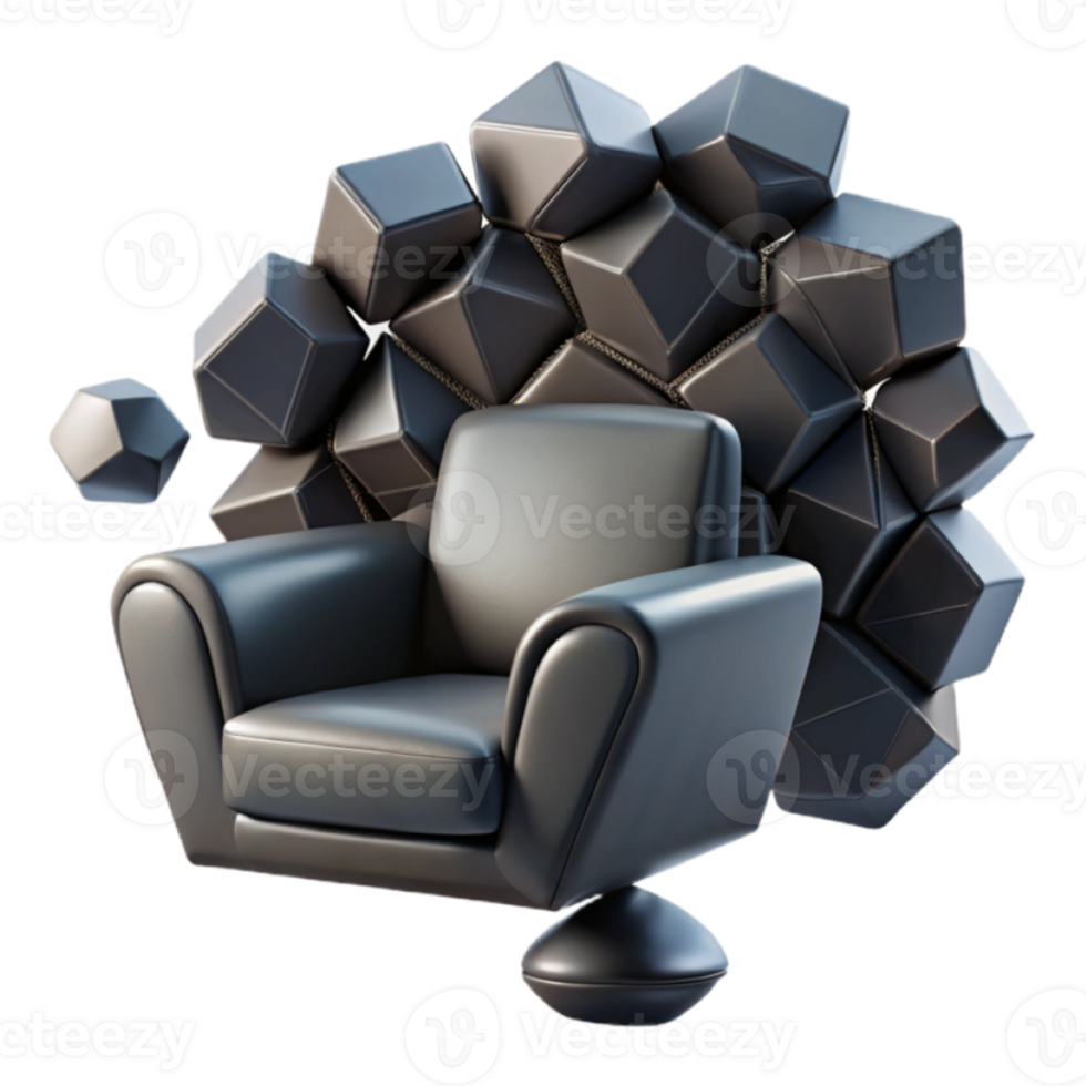 3D Render of a Modern Armchair Surrounded by Abstract Geometric Shapes png
