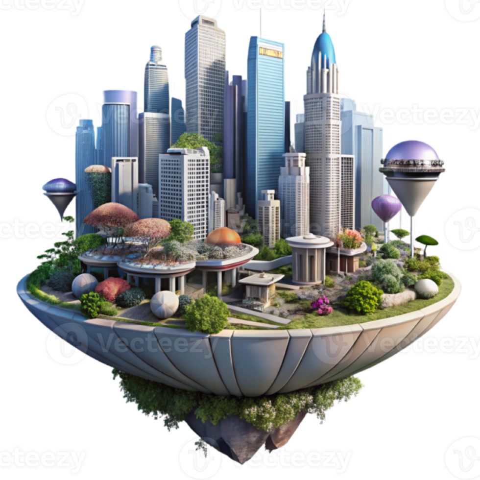 Floating City Metropolis 3D Illustration Eco-Friendly Urban Landscape Design png